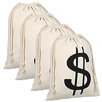 LEIFIDE 4 Pcs Canvas Money Bag Pouch with Drawstring Dollar Sign Carrying Sack Costume Props Canvas Coin Bag for Halloween Cosplay (9 x 12 Inch)