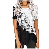 AMhomely Womens Summer Tops Casual Boho Floral Print Short Sleeve Crew Neck Blouses Elegant Loose Tunic Shirts Longline Soft Lounge Shirts Evening Party Going Out Tops Holiday Clothes