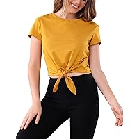 Aphratti Women's Short Sleeve Cute Summer Tie Knot Front Crop Tops Crew Neck Basic Tees T Shirts
