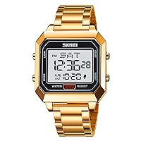 Men’s Digital Watch for Men, Stainless Steel Square Watches, Mens Digital Wrist Watches Waterproof Dual Time Date Watch