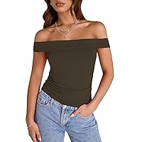 LUYAA Women's Off Shoulder Cropped Tops Short Sleeve Slim Fit Ruched T Shirt Going Out Y2K Trendy Outfits