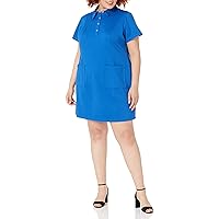 London Times Women's Plus Size Button Placket Collared Popover Shift with Pockets