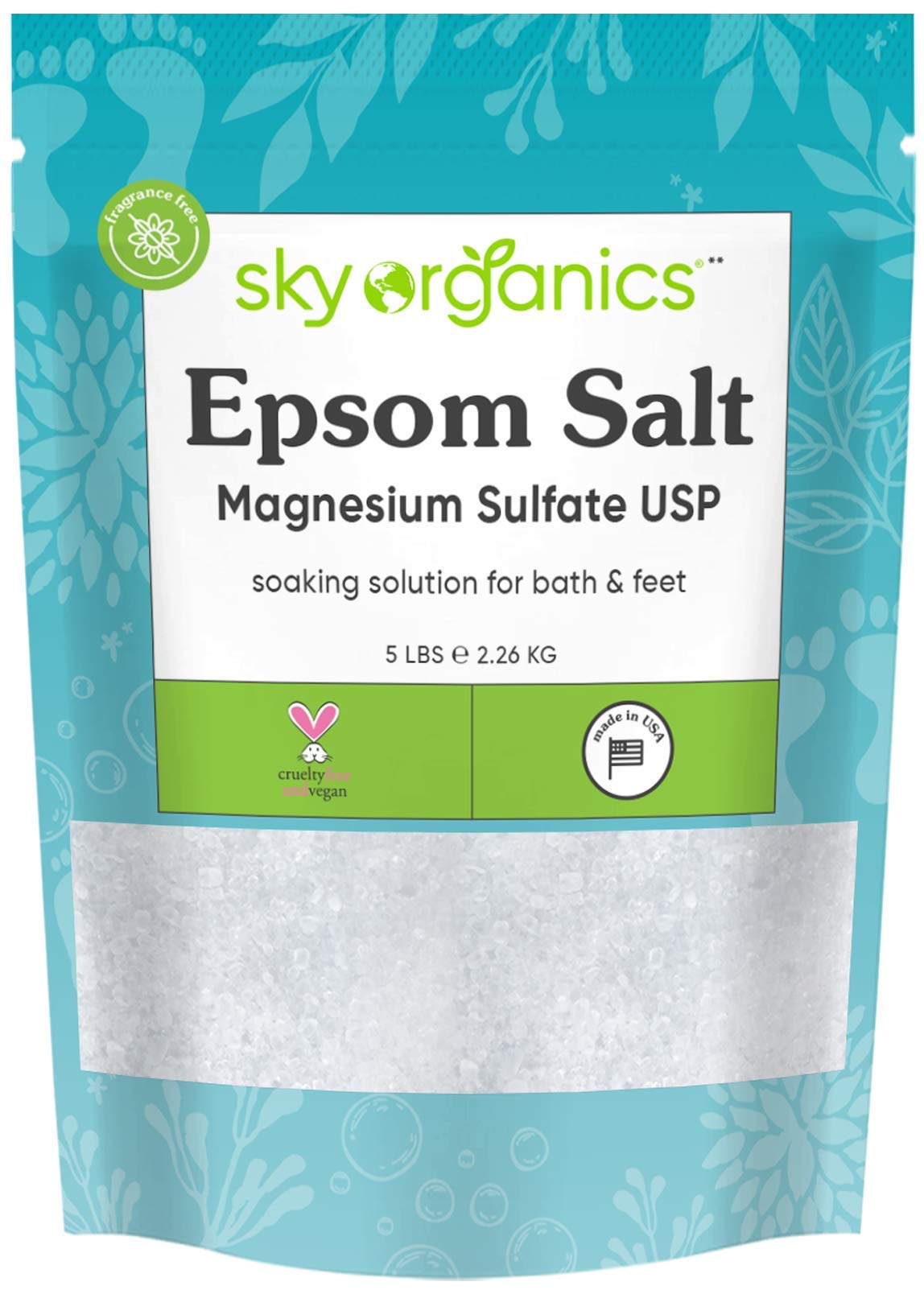 Sky Organics Epsom Salt - 100% Pure Magnesium Sulfate, USP Grade, Kosher, Non-GMO - Bath and Foot Soak, Soothing Body Soak. Made in USA, 5 lbs