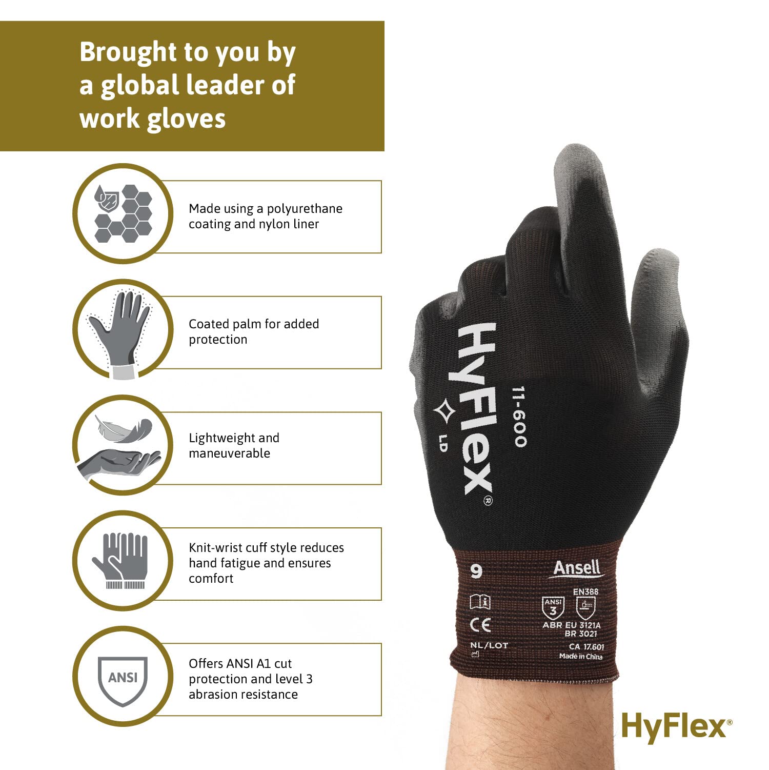 HYFLEX 11-600 Light Duty Nylon Industrial Gloves w/Palm Coating for Metal Fabrication, Automotive - Black