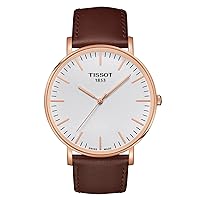 Mens Everytime 316L Stainless Steel case with Rose Gold PVD Coating Swiss Quartz Watch, Brown, Leather, 21 (T1096103603100)