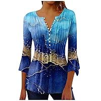 Party Retro Undershirt Women's 3/4 Sleeve Spring V Neck Tops Ladies Slack Breathable with Buttons Print Top