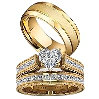 ringheart Couple Rings Matching Ring Heart CZ Gold Plated Women Wedding Ring Sets for Him and Her Ring Sets