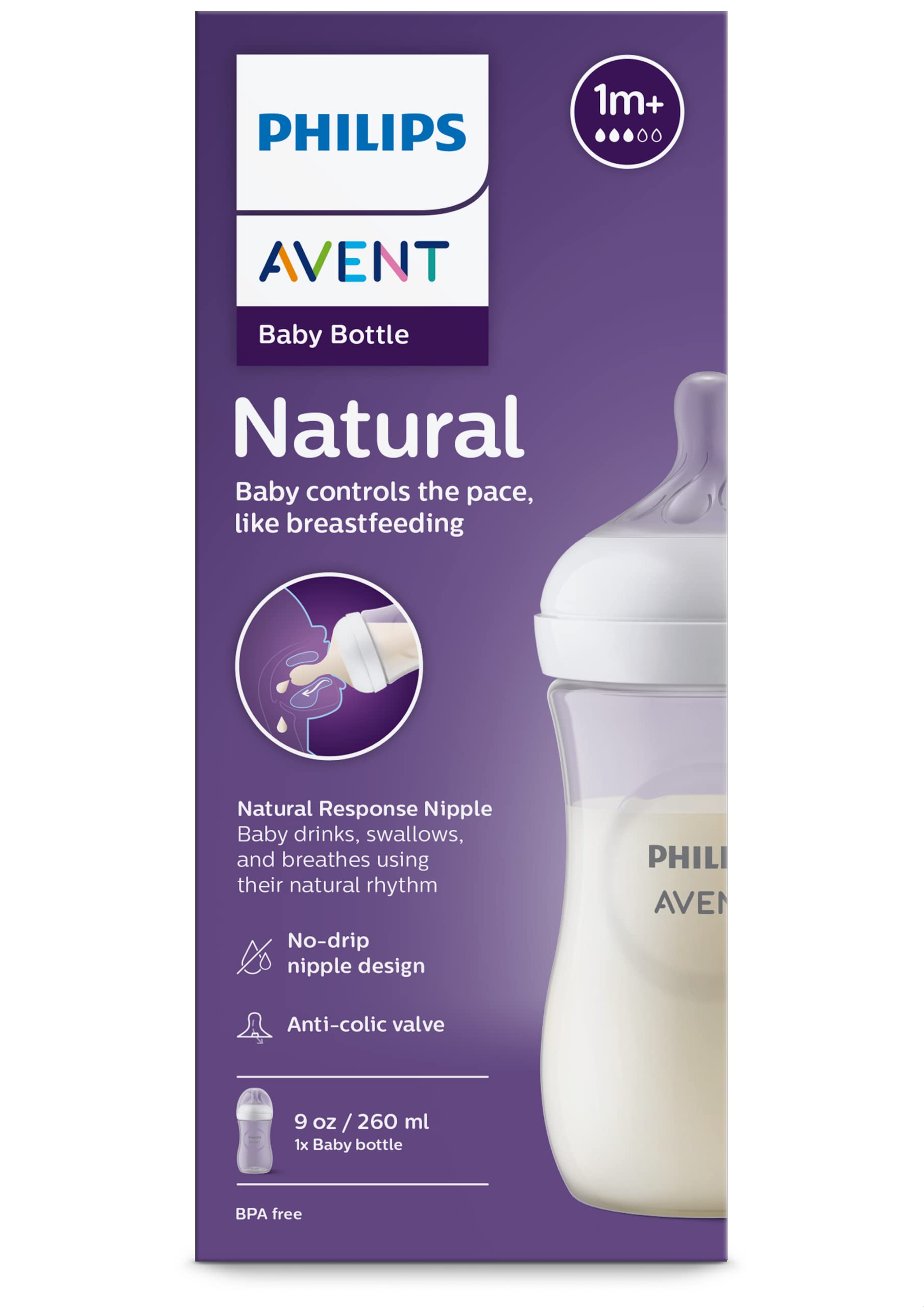 Philips AVENT Natural Baby Bottle with Natural Response Nipple, Clear, 9oz, 1pk, SCY903/01
