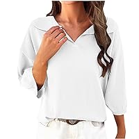 Womens Peasant Blouses Casual Elegant Lapel Collar V Neck 3/4 Sleeve Tops Loose fit T Shirts Fashion Classic Tees