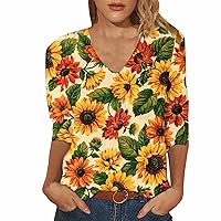 Brown Blouses for Women Fashion 2024 Womens Sleeve Flower Print V Neck Comfortable Casual Fashion T Shirt Mock