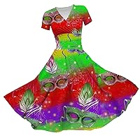 Women's Summer Dresses 2024 Princess Dress Sexy V-Neck Print Waist Pull Pleated Short Sleeve Dress, S-3XL