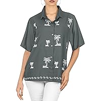 LA LEELA Women's Summer Casual Blouses Shirt Solid Blouse Short Sleeve Button Up Dress Tops Tee Shirts Hawaiian T Shirt for Women L Plus Size Space, Palm Tree