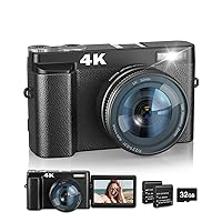 4K Digital Camera with Flash & Selfie, 48MP Camera for Photography with Autofocus 16X Zoom, Anti-Shake Vlogging Camera Compact Travel Digital Cameras with Flip Screen, 32GB Memory Card, Two Batteries