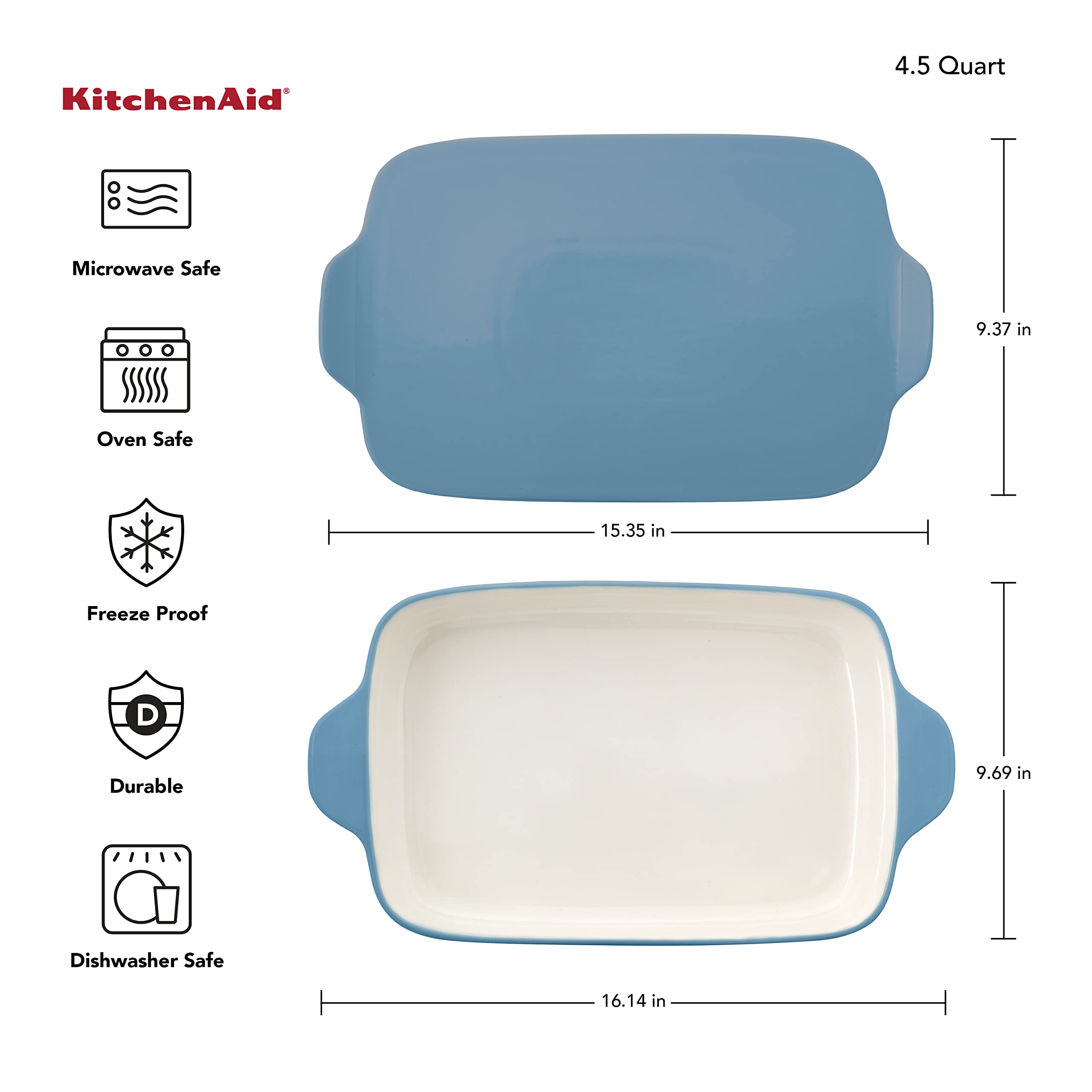 KitchenAid Rectangular Baker with Lid Vitrified Stoneware, 9in 13in 2.5in, Blue Velvet