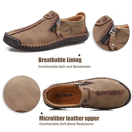 Mens Loafers Slip On Casual Shoes Leather Flat Penny Loafers Outdoor Lightweight Breathable Walking Driving Shoes Comfort Classic Hand Stitching Office Dress Work Shoes Anti Slip Round Toe Moccasins