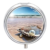 Ocean Beach Mussel Pearl Pill Box Pill Container Holder 3 Compartment Metal Pill Organizer Travel Medicine Organizer Portable Pill Box for Pocket to Hold Pills Vitamin