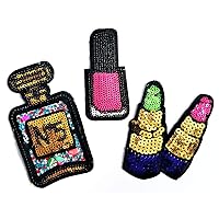 PARITA Set 3 Pcs. Sequins Beauty Cosmetic Nail Perfume Bottle No. 5 Lips Lipstick Fashion Cartoon Patch Craft Embroidered Patches for Bags Jacket Iron on Clothes Jeans Kids Appliques Badge