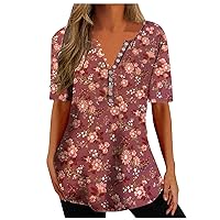 Womens Summer Tops 2024 Floral T Shirts V-Neck Button Causal Blouses Plus Size Trendy Dressy Ladies Fashion Clothes