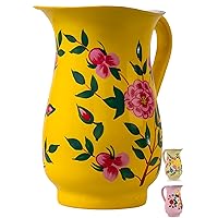 Hand Painted Stainless Steel Water Pitcher - Large Metal Water Jug, for Cold Drinks, Floral Design Beverage Carafe for Entertaining & Home Decor. 8” height, 1 Quart Decorative Vase. (Yellow)