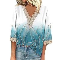Going Out Tops for Women Lace 3/4 Sleeve V Neck T-Shirts Loose Fit Graphic Tees Spring Casual Comfortable Tunic Clothes