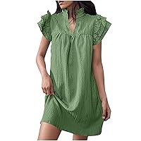 Deal of The Day Today Womens Summer V-Neck Dress Ruffle Cap Short Sleeve Sundress Loose Mini T-Shirt Dresses Cotton Linen Tunic Dress Travel Clothes for Women Mint Green