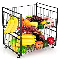 2 Tier Fruit Basket with 4 Removable Banana Hangers, Fruit Bowl for Kitchen Counter, Kitchen Storage Organizer Holder for Fruit Vegetable, Black