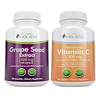 Purely Holistic Grape Seed Extract 400mg + Vitamin C 1000mg Time Release Bundle - 615 Vegan Capsules - Made in USA