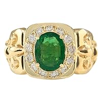 3.02 Carat Natural Green Emerald and Diamond (F-G Color, VS1-VS2 Clarity) 14K Yellow Gold Ring for Women Exclusively Handcrafted in USA
