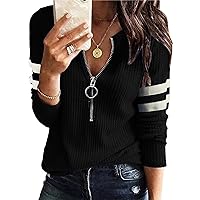 Women's stitching plus size V Neck Tunic Tops zipper T-Shirts Casual Loose long-sleeved Blouses