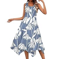 Flowy Dresses for Women 2024 Summer Print Pretty Casual Slim Fit with Sleeveless Round Neck Swing Dress