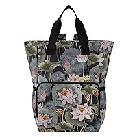 Watercolor Lotus Flower Diaper Bag Backpack for Dad Mom Large Capacity Baby Changing Totes with Three Pockets Multifunction Diaper Bag Tote for Picnicking Playing