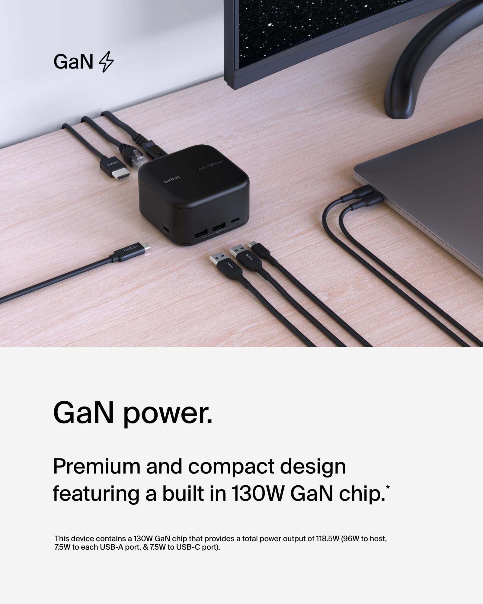 Belkin Connect USB-C 6-in-1 Core GaN Dock 130W, Multiport Docking Station w/ 96W PD to Peripherals, USB-C, USB-A, Gigabit Ethernet, & HDMI 4K Ports for Gaming, MacBook Pro, PC Laptops, & Chromebook