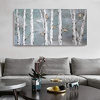 Large Tree Wall Art Hand-Painted Landscape Forest Oil Painting Gallery Wrapped Framed Canvas Bird Birch Artwork 'White Birch at Night' for Living Room Bedroom Office Décor Teal White 48