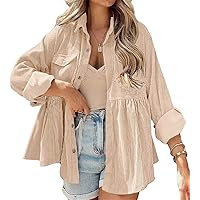 NOMMO Womens Ruffle Corduroy Shirt Puffy Shirt Casual Tops Long-Sleeved Button-up Tops tie Button Solid Coat with Pocket