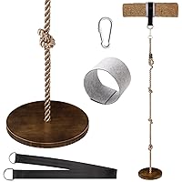 Yangbaga Wooden Round Disc Rope Swing 51”-73” Adjustable Climbing Rope Tree Swing with Hanging Strap Snap Hook and Felt Protectors for Kids Outdoor Brown