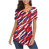 4Th of July Shirts, Women's Summer Tops Casual Fashion Short Sleeve V Neck T-Shirts Oversized American Flag Print Tops