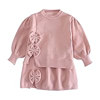 Baby Girl Clothing Kid Trendy Knitted 2PCS Set Solid Clothes Toddler Autumn Bow Long Sleeve Tops and (RD2, 3-4 Years)