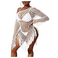 MakeMeChic Women's Fringe Trim Summer Crochet Cover Up Hollow Out Long Sleeve Asymmetrical Neck Beach Dress