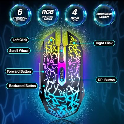 BENGOO Gaming Mouse Wired, USB Optical Computer Mice with RGB Backlit, 4 Adjustable DPI Up to 3600, Ergonomic Gamer Laptop PC Mouse with 6 Programmable Buttons for Windows 7/8/10/XP Vista Linux -Black