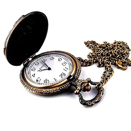 Picvadee Unisex Antique Case Vintage Brass Rib Chain Quartz Pocket Watch Train NT004