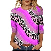 Women 3/4 Sleeve Leopard Tops Asymmetrical Color Block Casual T-Shirts Summer Crewneck Loose Fitted Funny Blouses