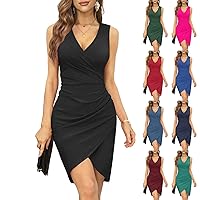 Womens Sexy V Neck Mini Dress Cocktail Dresses Sleeveless Wrap Ruched Bodycon Dress Summer Party Club Formal Dresses