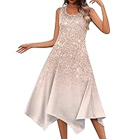 Womens Summer Dresses Maxi Sparkly Dresses for Women 2024 Summer Print Fashion Casual Flowy Elegant with Sleeveless Crewneck Tunic Dress Silver Medium