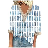 Ladies Summer Tops and Blouses 2023,Womens Fall 3/4 Sleeve Tops Casual Loose 3/4 Sleeve Shirts Lace Trim V Neck T-Shirts Tee