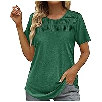 Womens Loose Fit Long T Shirts Crew Neck Tee Tops for Women Short Sleeve Pleated Plain Summer Fall Shirts 2024