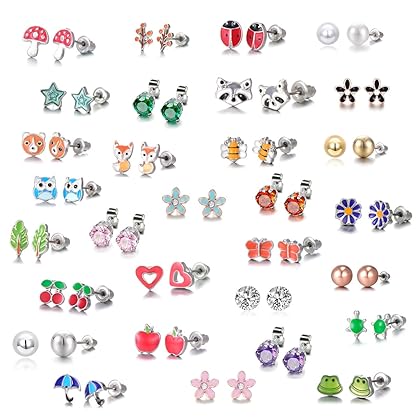 33/30 Pairs Hypoallergenic Earrings for Girls Sensitive Ears with Stainless Steel Post -Assorted Cute Stud Earrings for Teens Girls Women