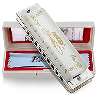 East top Blues Harmonica Key of C, 10 Holes Diatonic Blues Harp Mouth Organ Harmonica with White Cover, T008L Harmonica for Adults, Professionals and Students