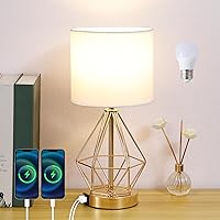 Modern Touch Control Gold Table Lamp,Dimmable Small Bedroom Bedside Nightstand Lamp with USB Charging Ports,Desk Lamp with Geometric Metal Base White Fabric Shade for Living Room Office