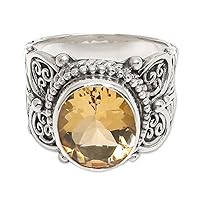 NOVICA Artisan Handmade Citrine Cocktail Ring .925 Sterling Silver from Bali Yellow Single Stone Indonesia Oak Buff Buttercup Primrose Birthstone 'Golden Flower'