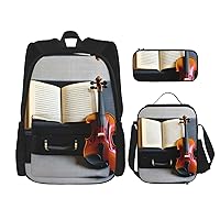 3Pcs casual Backpack Sets,Large capacity travel bookbag with Pencil Case and Lunch Bag-Violin and Book